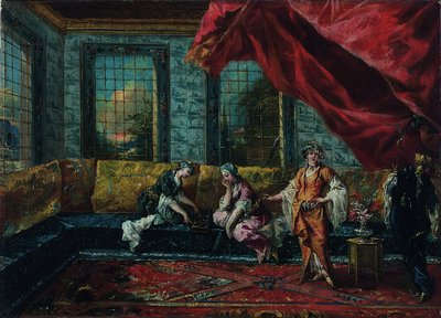 Twee odaliskes spelen mancala in de harem door Francesco Guardi